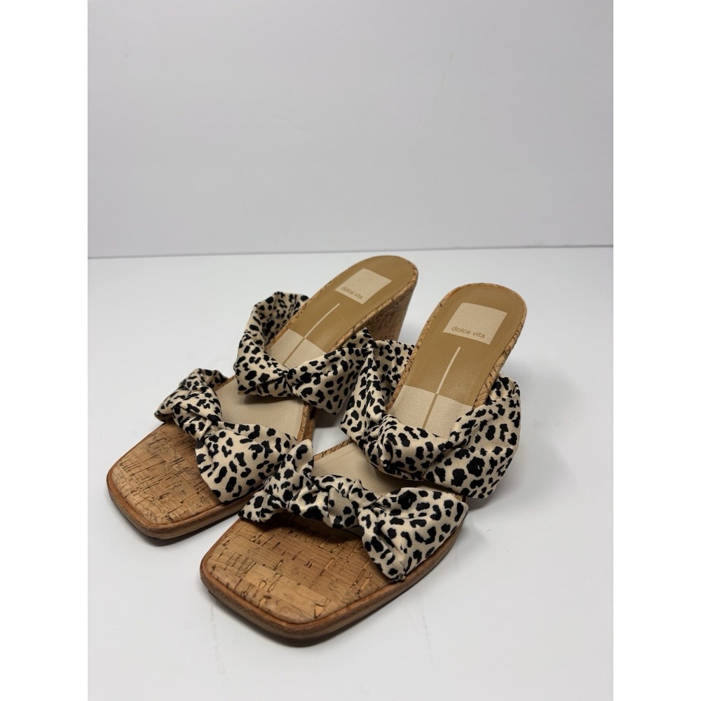 Dolce Vita Naji Cork Wedge Mule in Leopard Satin Square Toe Size 8.5